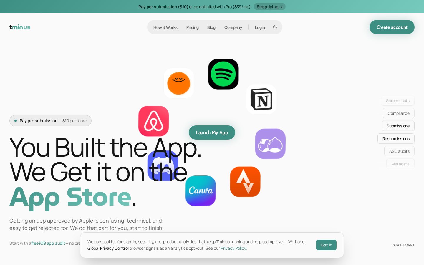 Tminus homepage captured from the original product website
